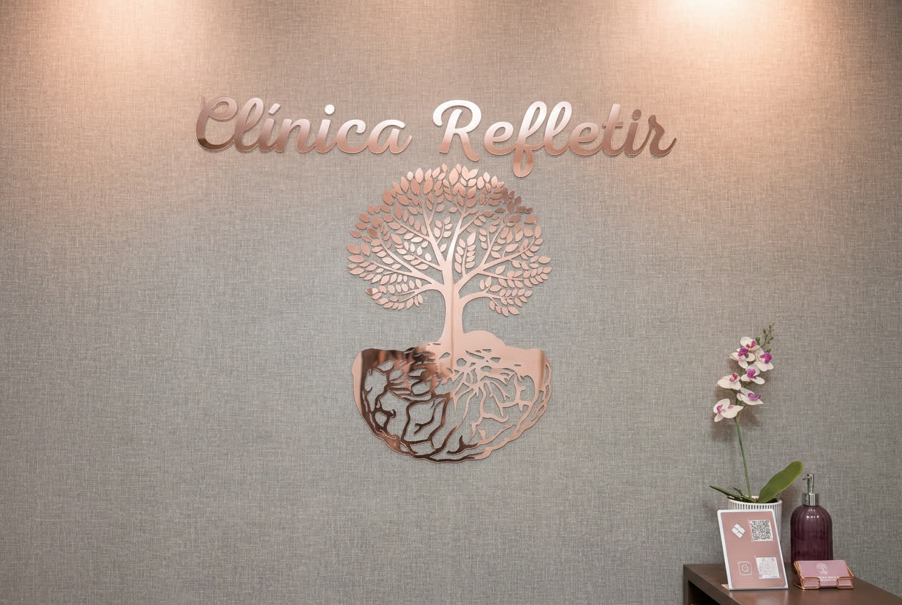Recepção da Clínica Refletir com a logo da árvore em rosé gold na parede